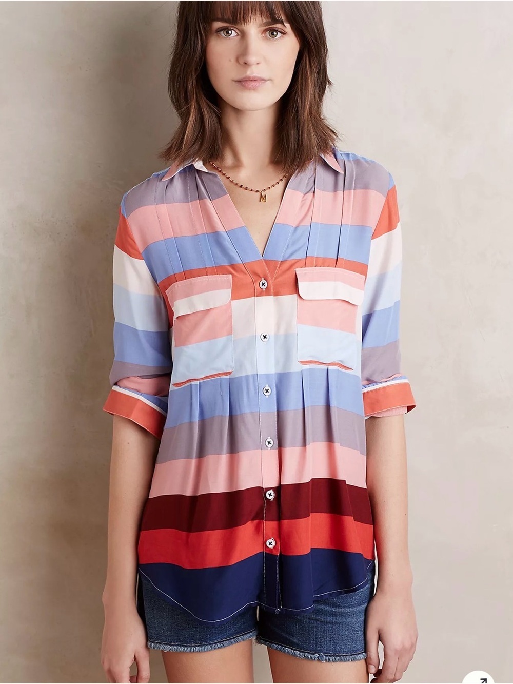 Anthropologie Maeve Wynwood Buttondown Blouse Size 0 Multicolor Stripe